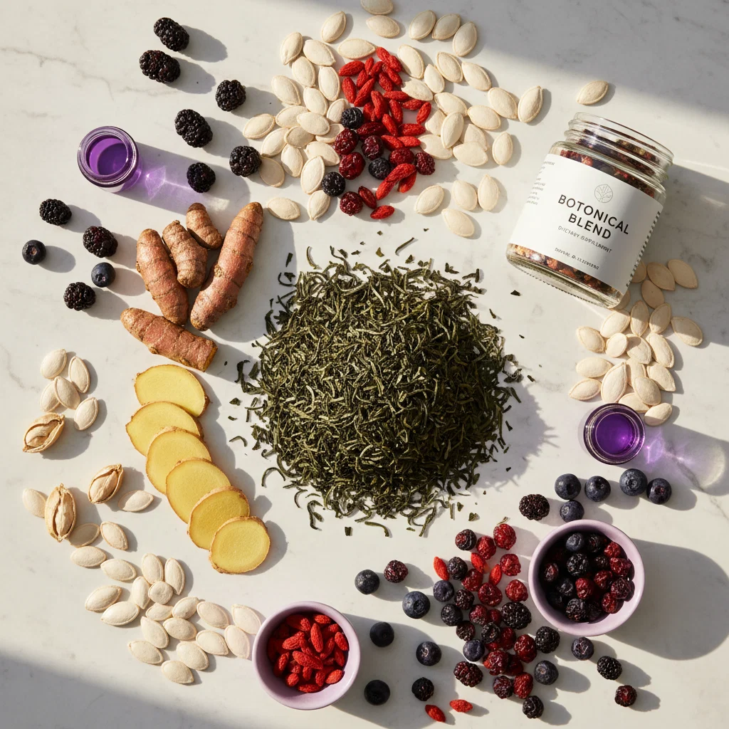 Naturlige botaniske ingredienser: grøn te, gurkemeje, ingefær og frø - naturlige ingredienser stofskiftetilskud